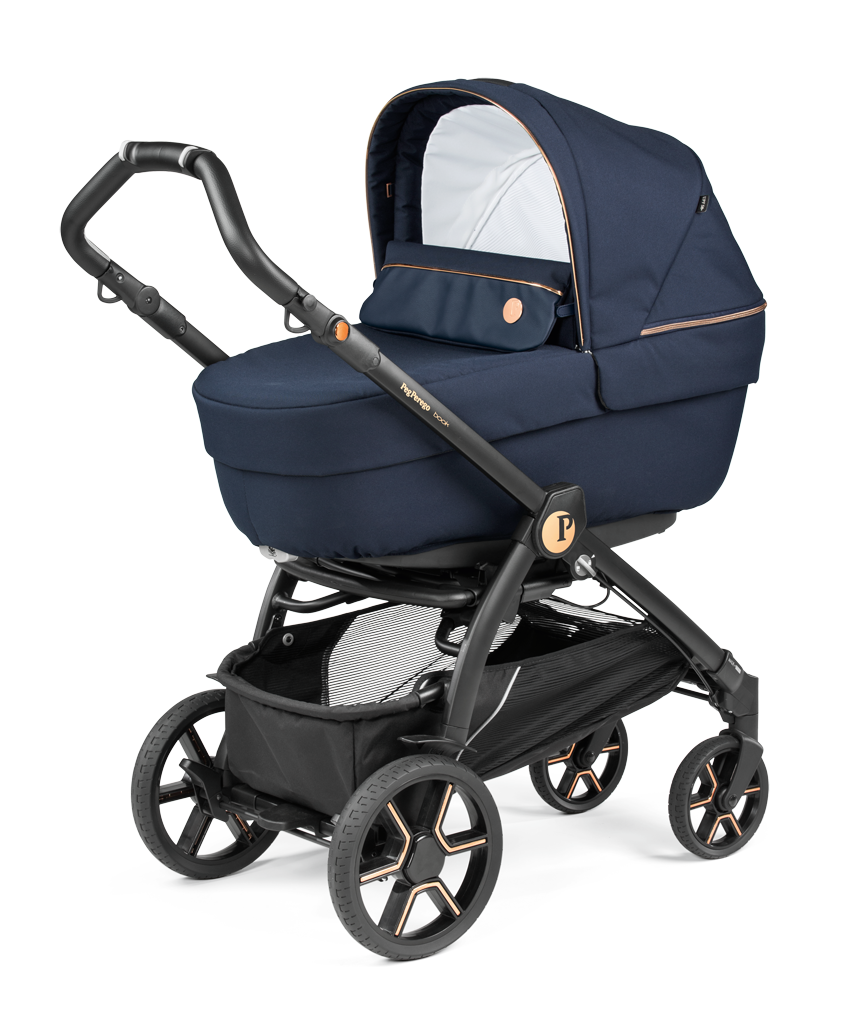 Peg Perego Book SLK Modular 3 in 1 travel system - Includes infant car seat, bassinet, toddler seat, nappy bag, and foot muff. Maneuverable on various surfaces. Available in South Africa with CB Baby.