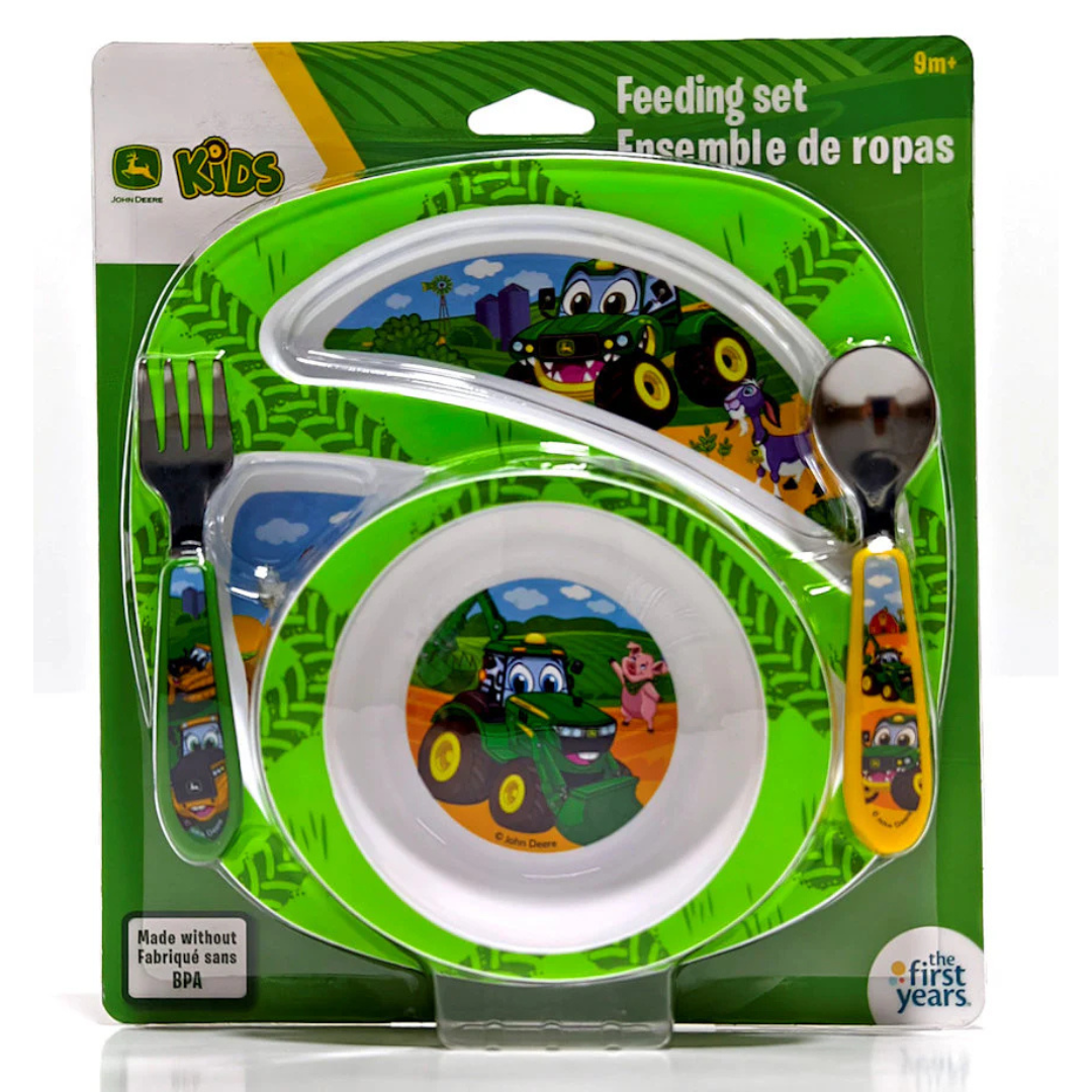 Children's feeding set with John Deere theme packaging