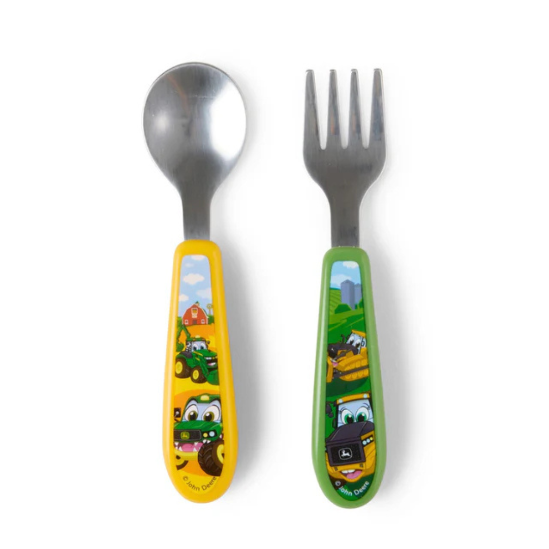 Children's spoon and fork set with cartoon character handles on a white background