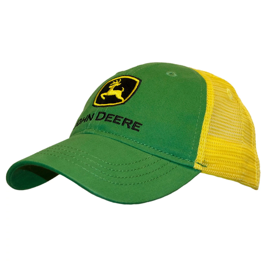 Green and yellow John Deere cap with logo on a white background