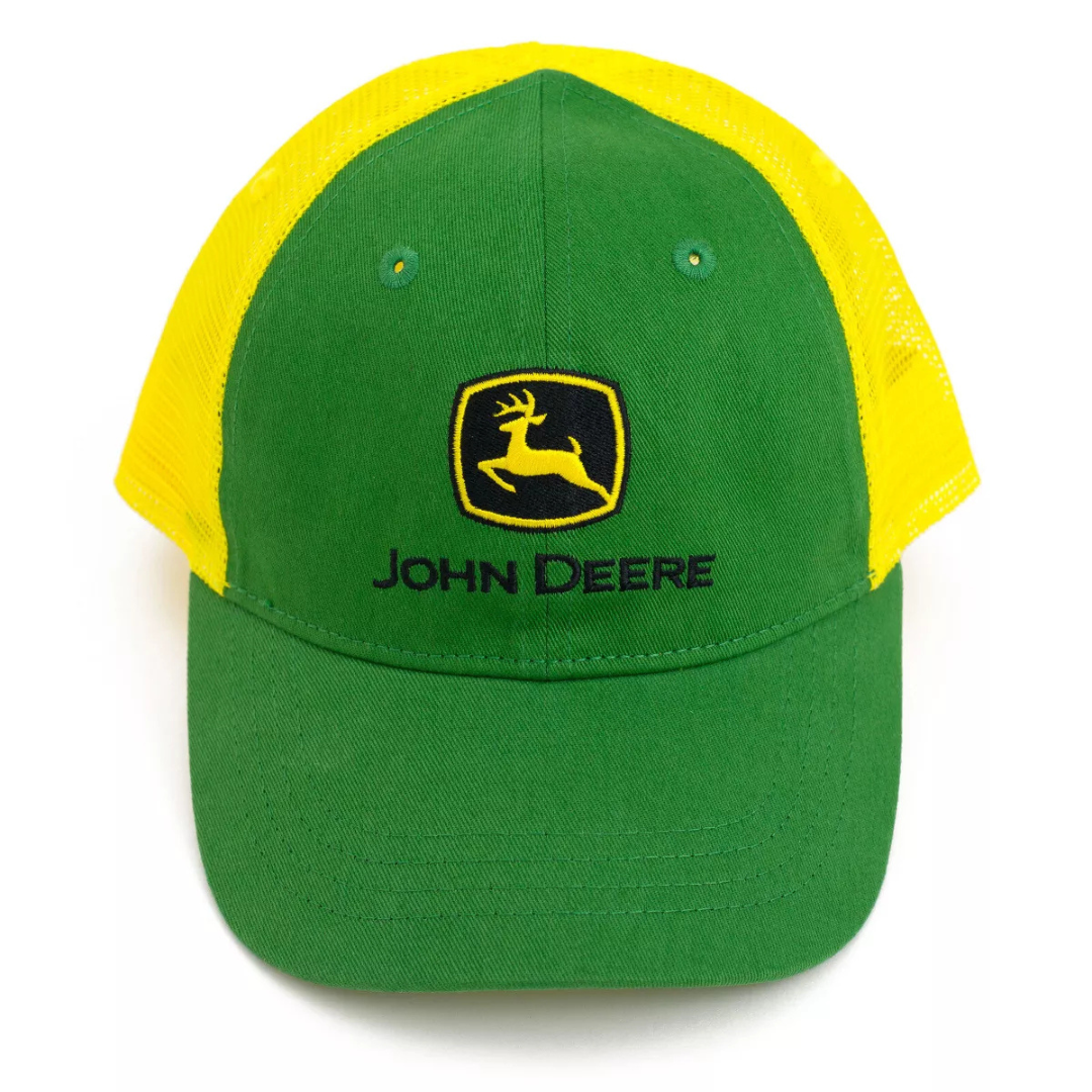 Green and yellow John Deere cap on a white background