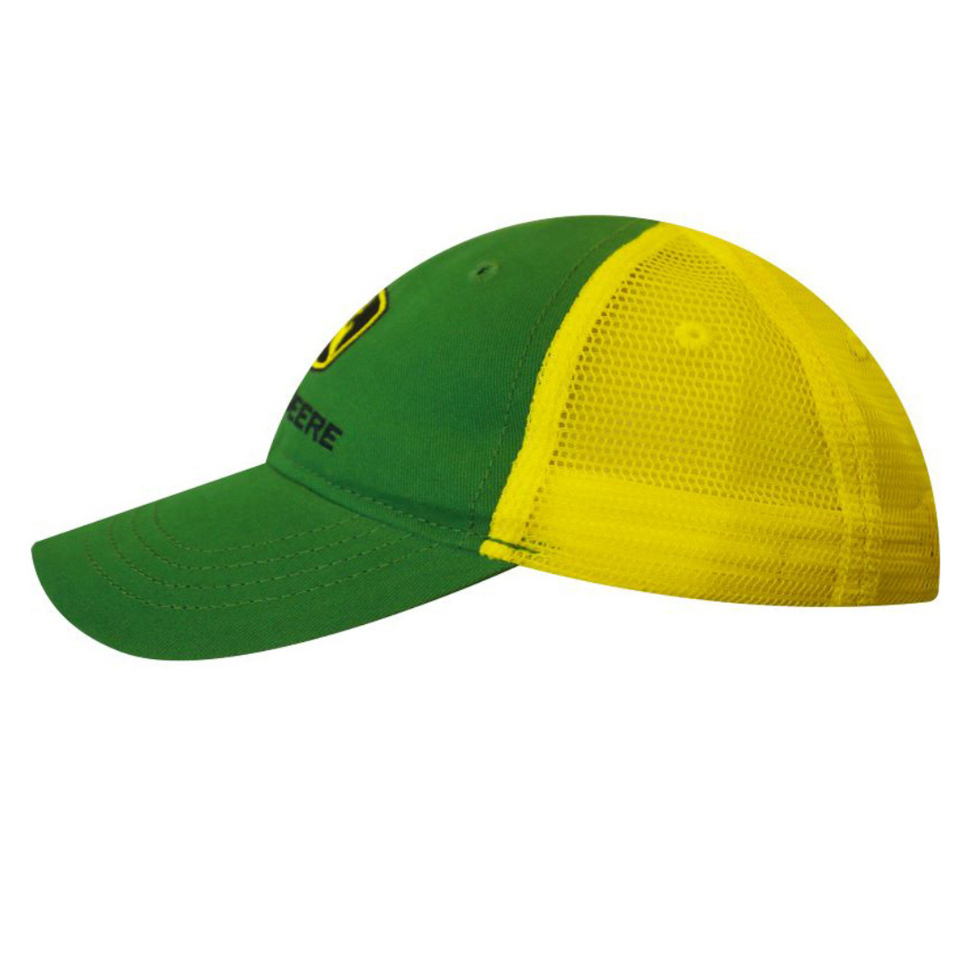 Green and yellow cap with mesh back on a white background