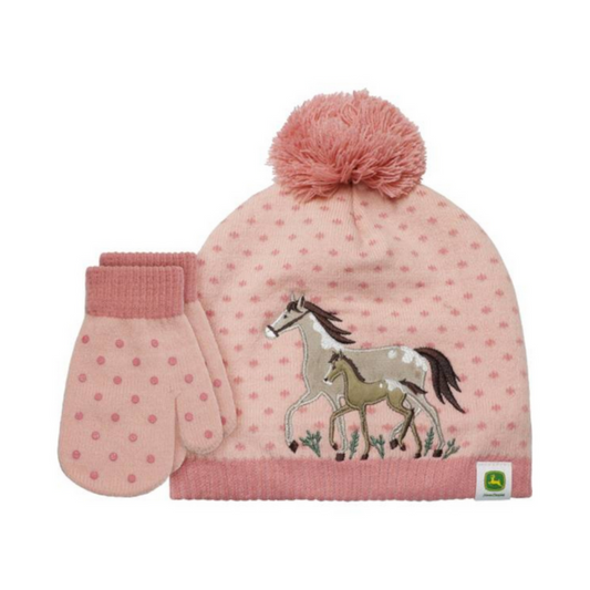John Deere Pink Horse Toddler Beanie & Mitten Set