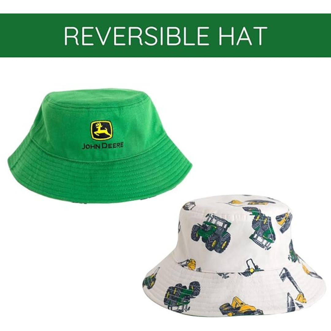 Two reversible hats, one green with John Deere logo and one white with tractor pattern, on a white background.
