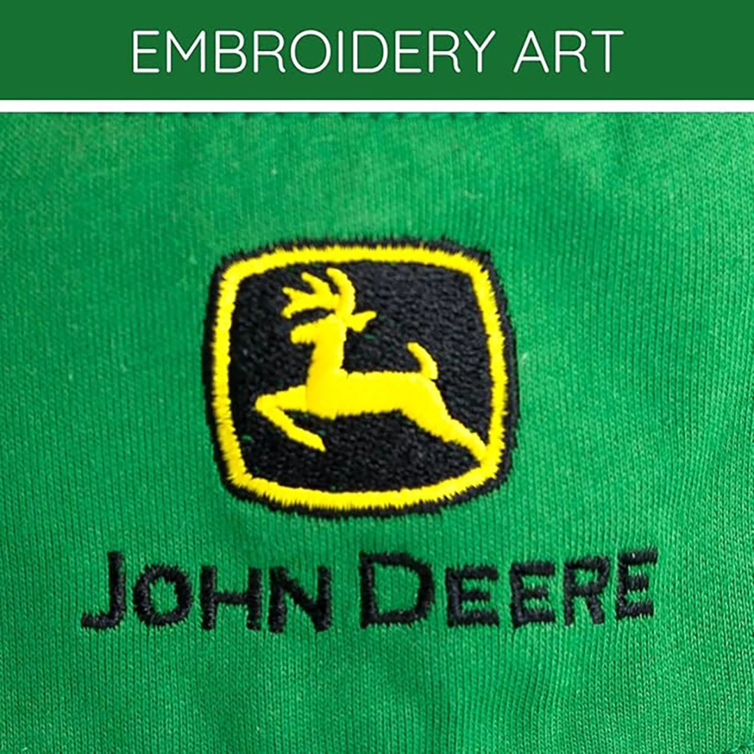 John Deere logo embroidered on a green fabric