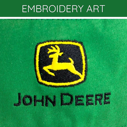 John Deere logo embroidered on a green fabric