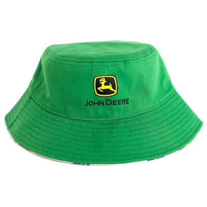 Green bucket hat with John Deere logo on a white background