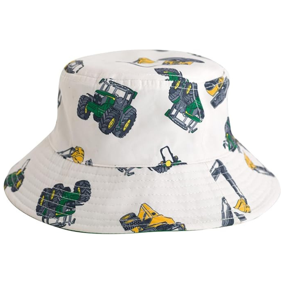 Bucket hat with tractor pattern on a white background