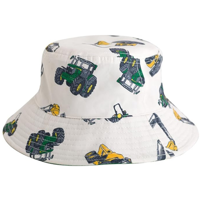 Bucket hat with tractor pattern on a white background