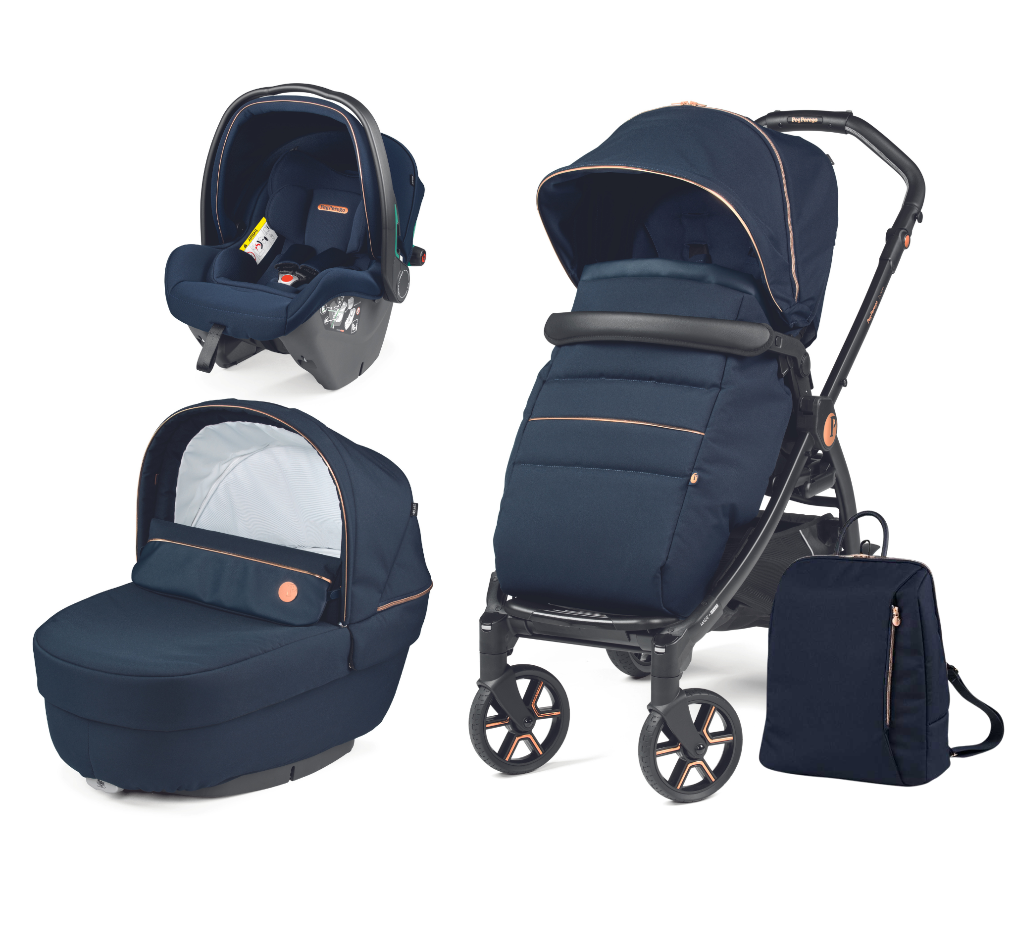 Peg Perego Book SLK Modular 3 in 1 travel system - Includes infant car seat, bassinet, toddler seat, nappy bag, and foot muff. Maneuverable on various surfaces. Available in South Africa with CB Baby.