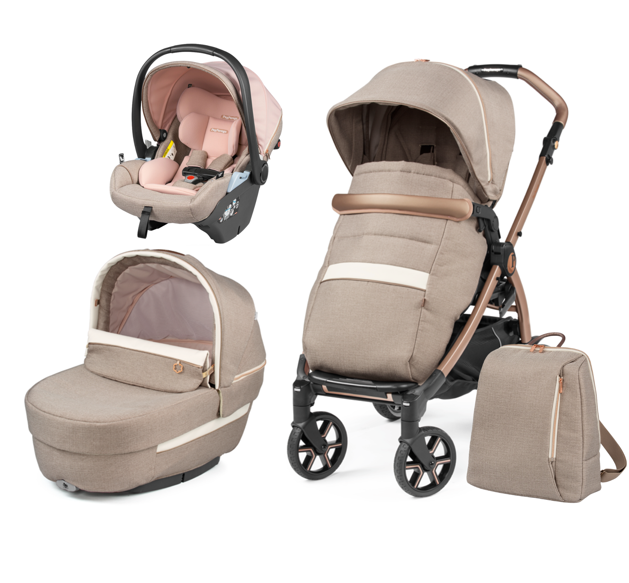 Peg Perego Book SLK Modular 3 in 1 travel system - Includes infant car seat, bassinet, toddler seat, nappy bag, and foot muff. Maneuverable on various surfaces. Available in South Africa with CB Baby.