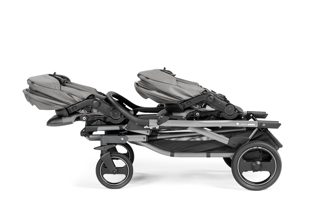 Peg Perego Duette Piroet tandem twin stroller in Mercury color. Includes high-performance frame and two toddler Pop-Up seats with foot muff and 2 Primo Viaggio SLK Infant Car Seats. Available in South Africa through CB Baby.