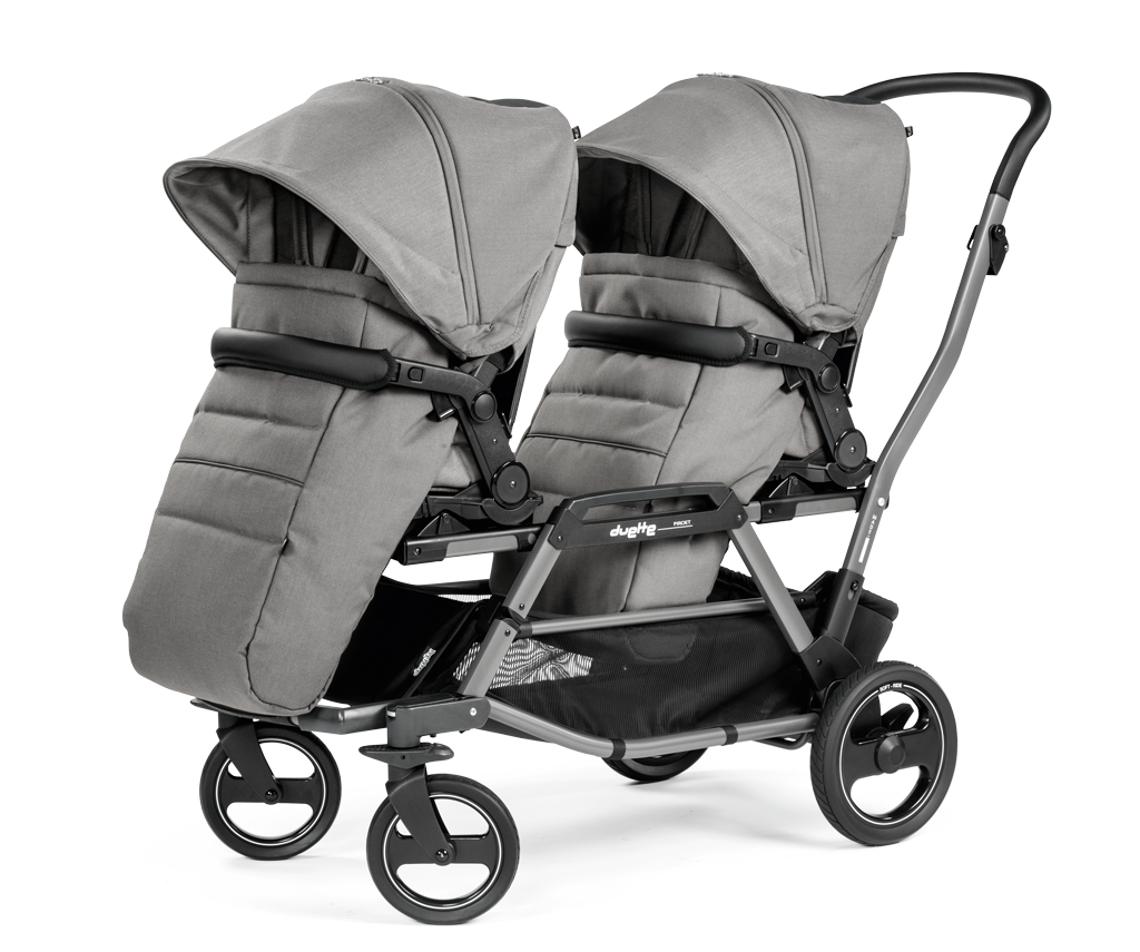 Peg Perego Duette Piroet tandem twin stroller in Mercury color. Includes high-performance frame and two toddler Pop-Up seats with foot muff. Available in South Africa through CB Baby.