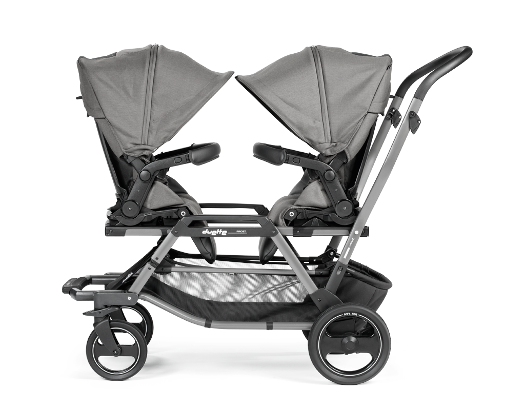 Peg Perego Duette Piroet tandem twin stroller in Mercury color. Includes high-performance frame and two toddler Pop-Up seats with foot muff. Available in South Africa through CB Baby.