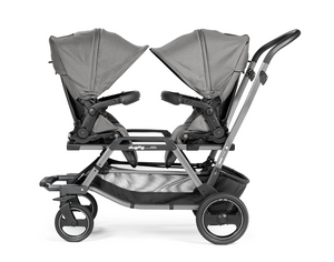 Peg Perego Duette Piroet tandem twin stroller in Mercury color. Includes high-performance frame and two toddler Pop-Up seats with foot muff. Available in South Africa through CB Baby.