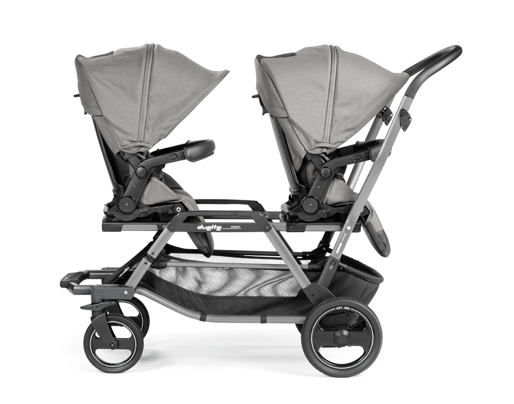 Peg Perego Duette Piroet tandem twin stroller in Mercury color. Includes high-performance frame and two toddler Pop-Up seats with foot muff. Available in South Africa through CB Baby.