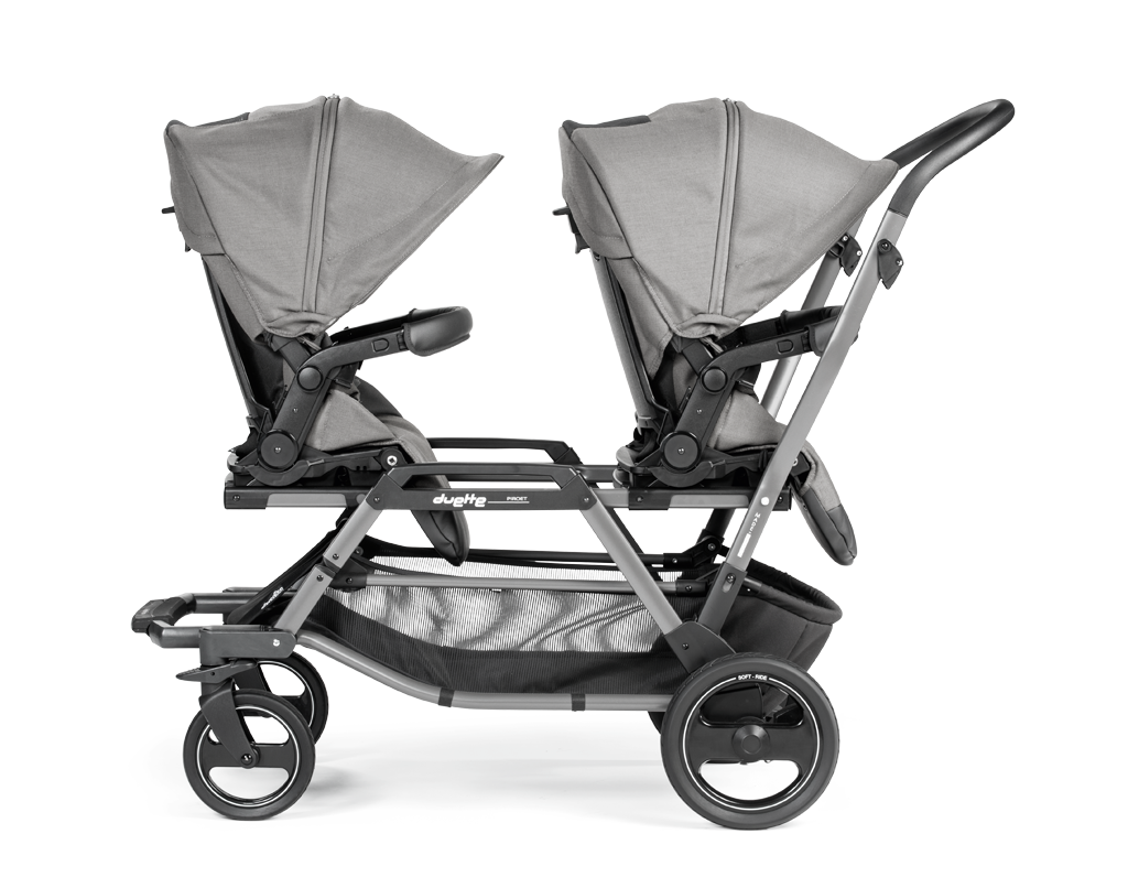 Peg Perego Duette Piroet tandem twin stroller in Mercury color. Includes high-performance frame and two toddler Pop-Up seats with foot muff and 2 Primo Viaggio SLK Infant Car Seats. Available in South Africa through CB Baby.