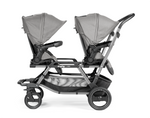 Load image into Gallery viewer, Peg Perego Duette Piroet tandem twin stroller in Mercury color. Includes high-performance frame and two toddler Pop-Up seats with foot muff and 2 Primo Viaggio SLK Infant Car Seats. Available in South Africa through CB Baby.
