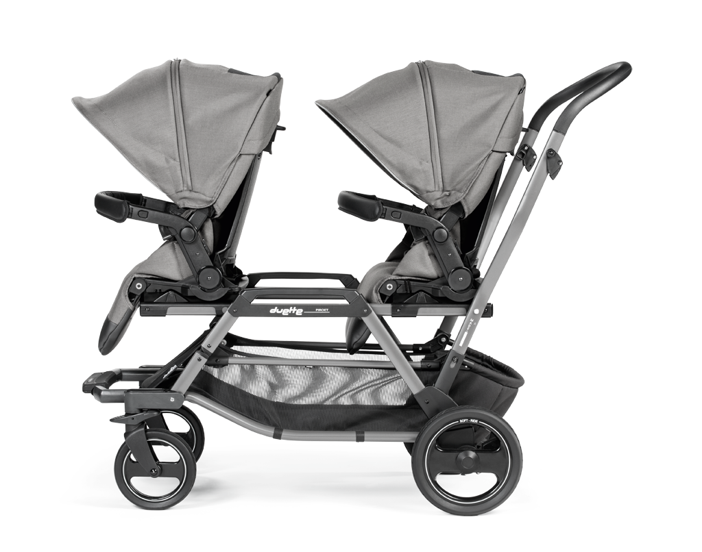 Peg Perego Duette Piroet tandem twin stroller in Mercury color. Includes high-performance frame and two toddler Pop-Up seats with foot muff. Available in South Africa through CB Baby.