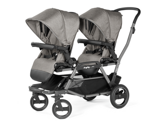 Peg Perego Duette Piroet tandem twin stroller in City Grey color. Includes high-performance frame and two toddler Pop-Up seats with foot muff. Available in South Africa through CB Baby.