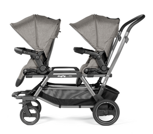 Peg Perego Duette Piroet tandem twin stroller in City Grey color. Includes high-performance frame and two toddler Pop-Up seats with foot muff. Available in South Africa through CB Baby.