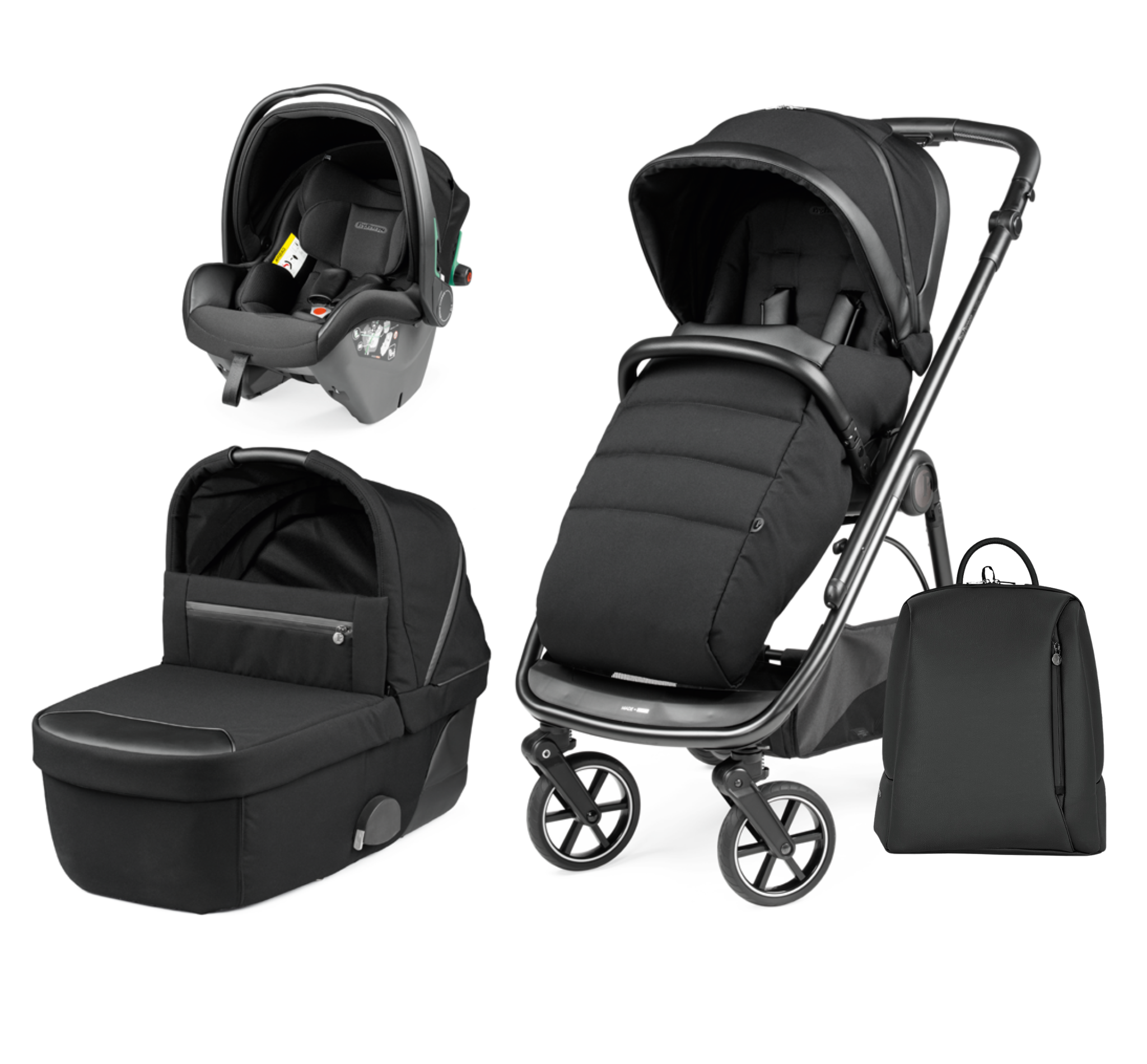 Peg Perego Veloce SLK Modular 4 in 1 travel system - Includes infant car seat, bassinet, toddler stroller seat, nappy bag, foot muff and bassinet stand. Maneuverable on various surfaces. Available in South Africa with CB Baby.