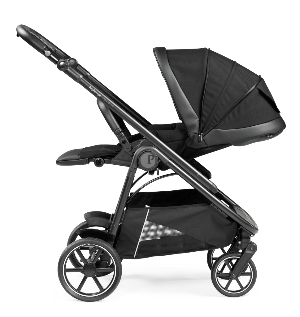 Peg Perego Veloce SLK Modular 4 in 1 travel system - Includes infant car seat, bassinet, toddler stroller seat, nappy bag, foot muff and bassinet stand. Maneuverable on various surfaces. Available in South Africa with CB Baby.