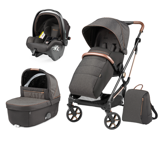 Peg Perego Vivace SLK Modular 4 in 1 travel system - Includes infant car seat, bassinet, toddler stroller seat, nappy bag, foot muff and bassinet stand. Maneuverable on various surfaces. Available in South Africa with CB Baby.