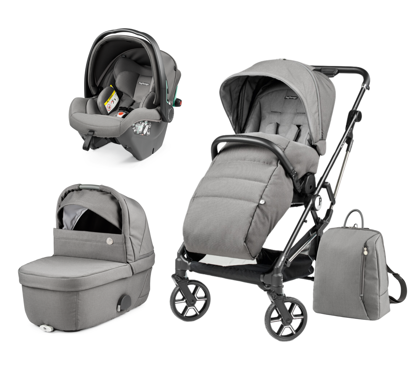 Peg Perego Vivace SLK Modular 4 in 1 travel system - Includes infant car seat, bassinet, toddler stroller seat, nappy bag, foot muff and bassinet stand. Maneuverable on various surfaces. Available in South Africa with CB Baby.