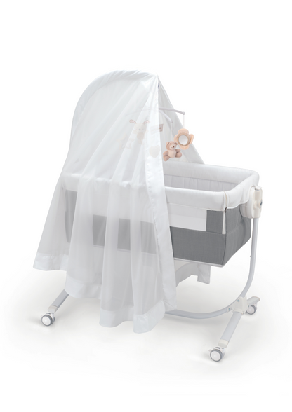 CAM Cullami Co-Sleeper Crib - Made in Italy, adjustable, with rocking function, includes melody mobile and mosquito net. Sold in South Africa with CB Baby.