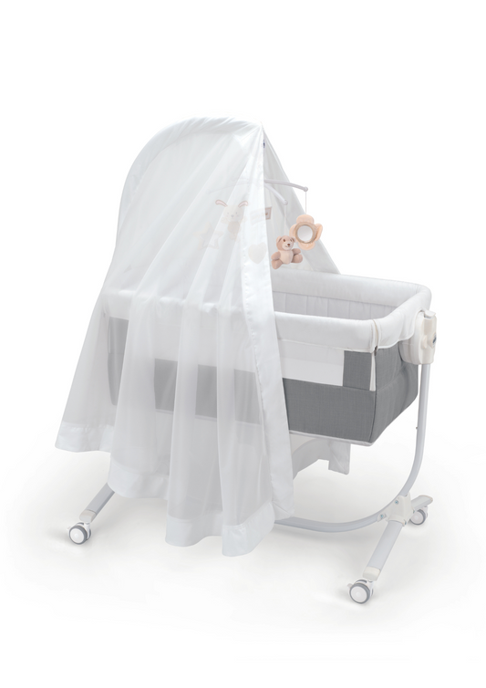 CAM Cullami Co-Sleeper Crib - Made in Italy, adjustable, with rocking function, includes melody mobile and mosquito net. Sold in South Africa with CB Baby.